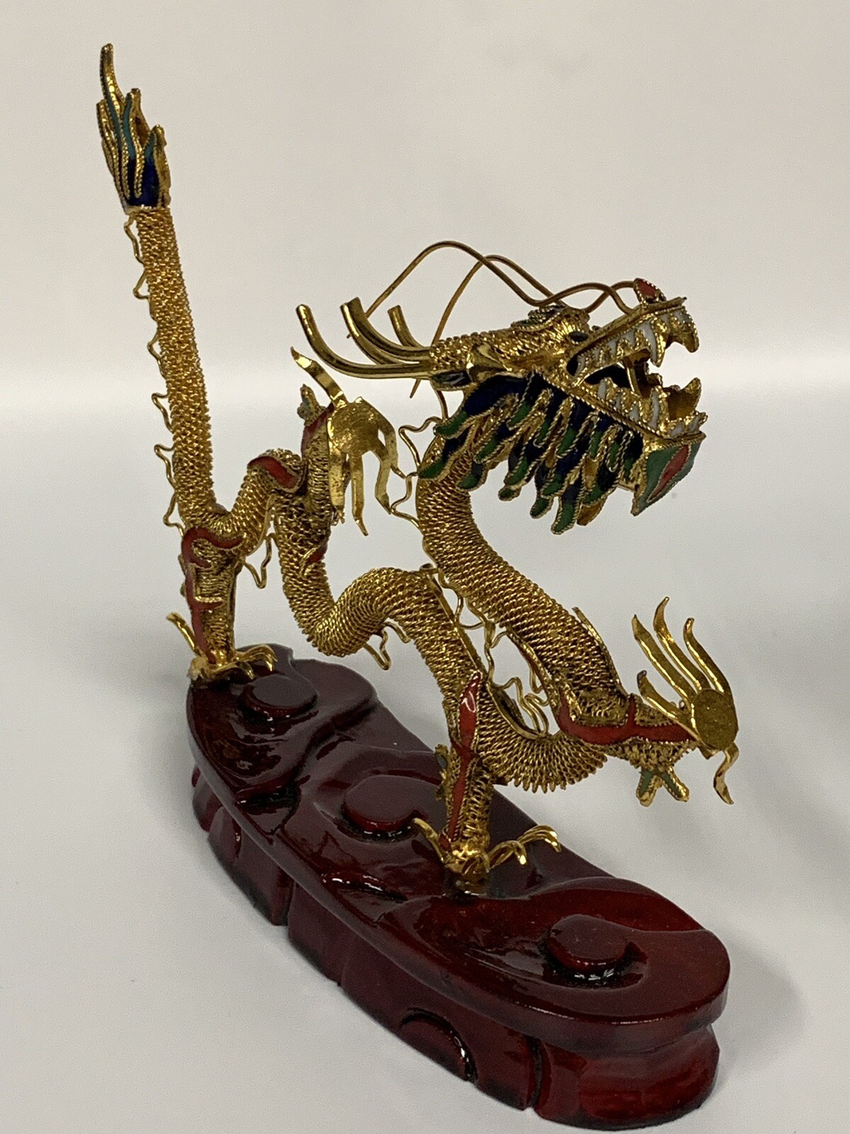 Chinese Brass Filigree Dragon Wooden Stand Gold Red Green Color 4.5”x 5”