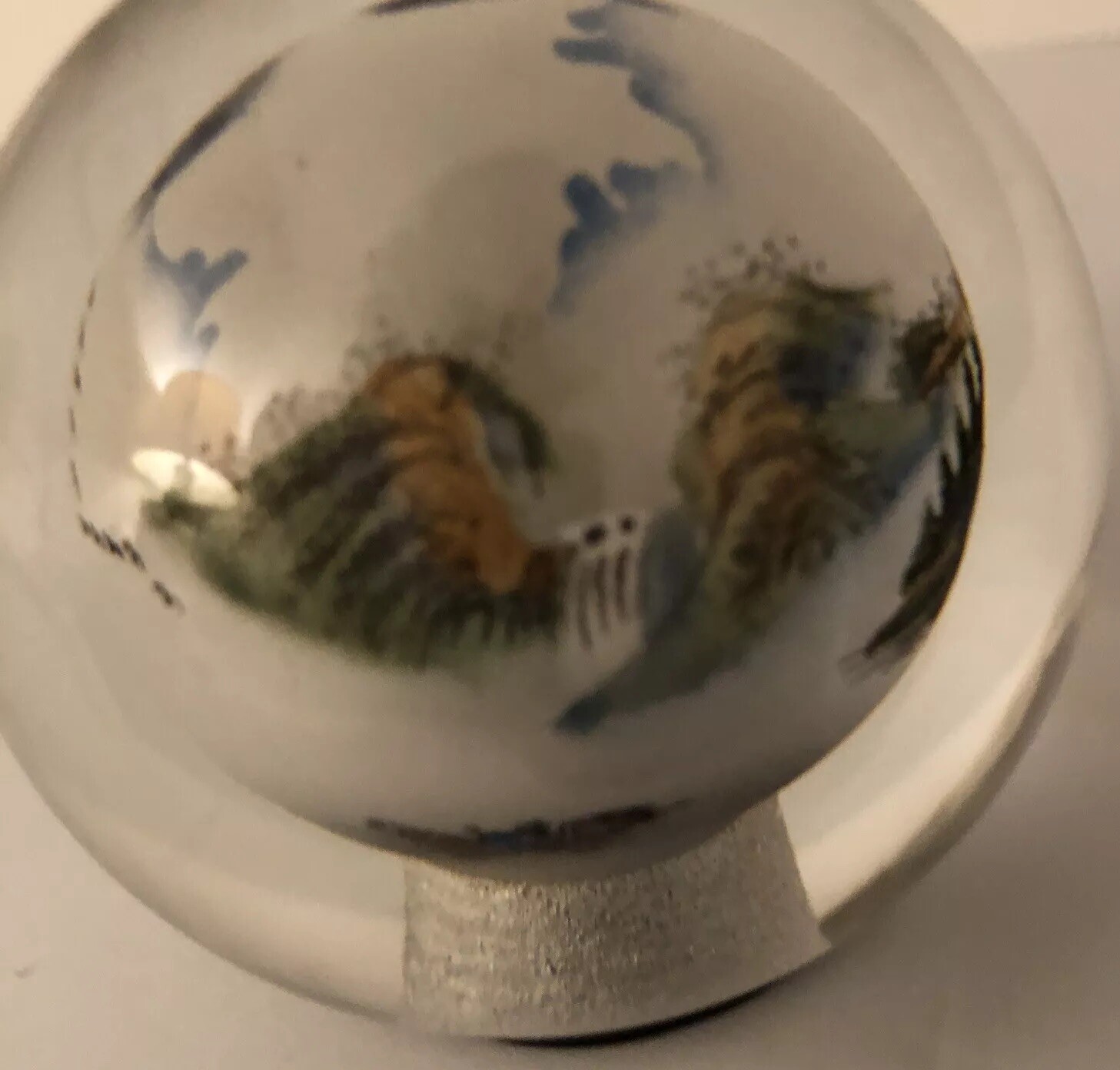 VTG Reverse Painted Glass Ball Sphere Paperweight Oriental Mountain Scene 2”x2”