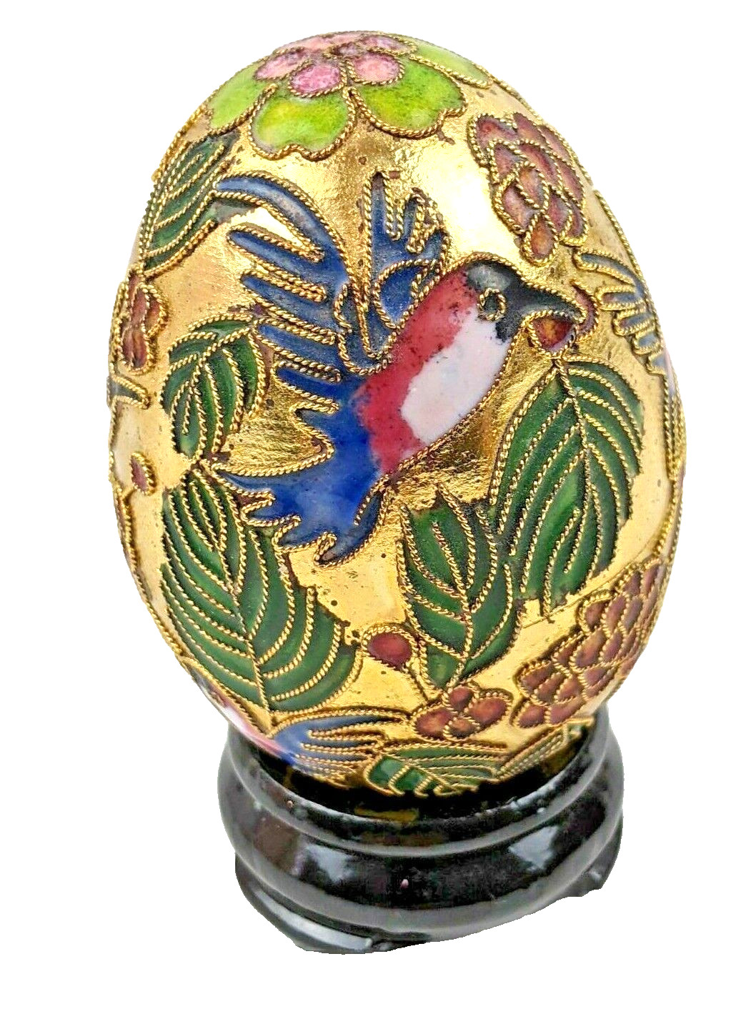 Large 4″ Enamel Egg Hummingbirds & Flowers Chinese Cloisonne Gold Metal Brass