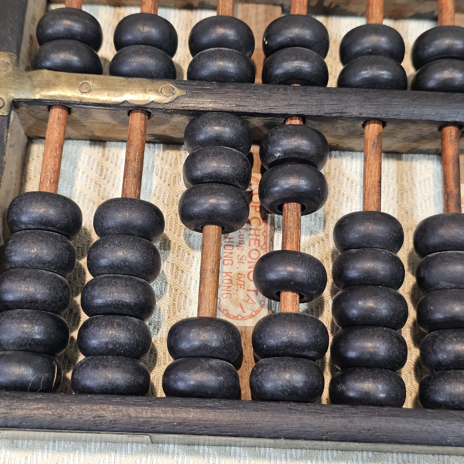 Hop Cheong Tai Black Wooded Brass Metal Abacus Vintage Hong Kong Export 63 Beads