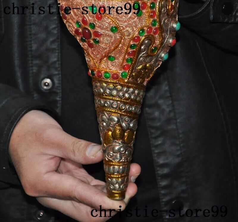 10″Tibet Buddhism bronze Gilt silver Filigree Inlay gem Conch Trumpet Horn Shell