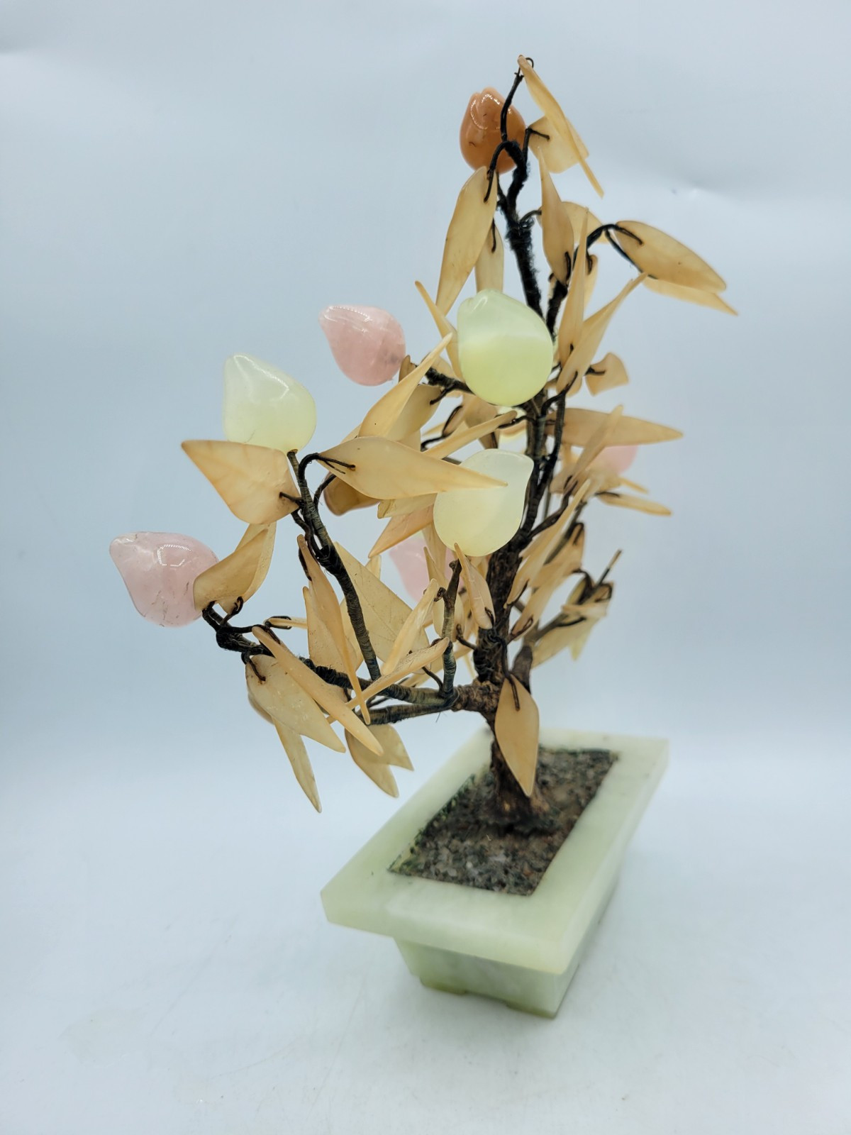 Antique Japanese Jade & Agate Stone Glass? Peach Bonsai Tree 10″ x 10″