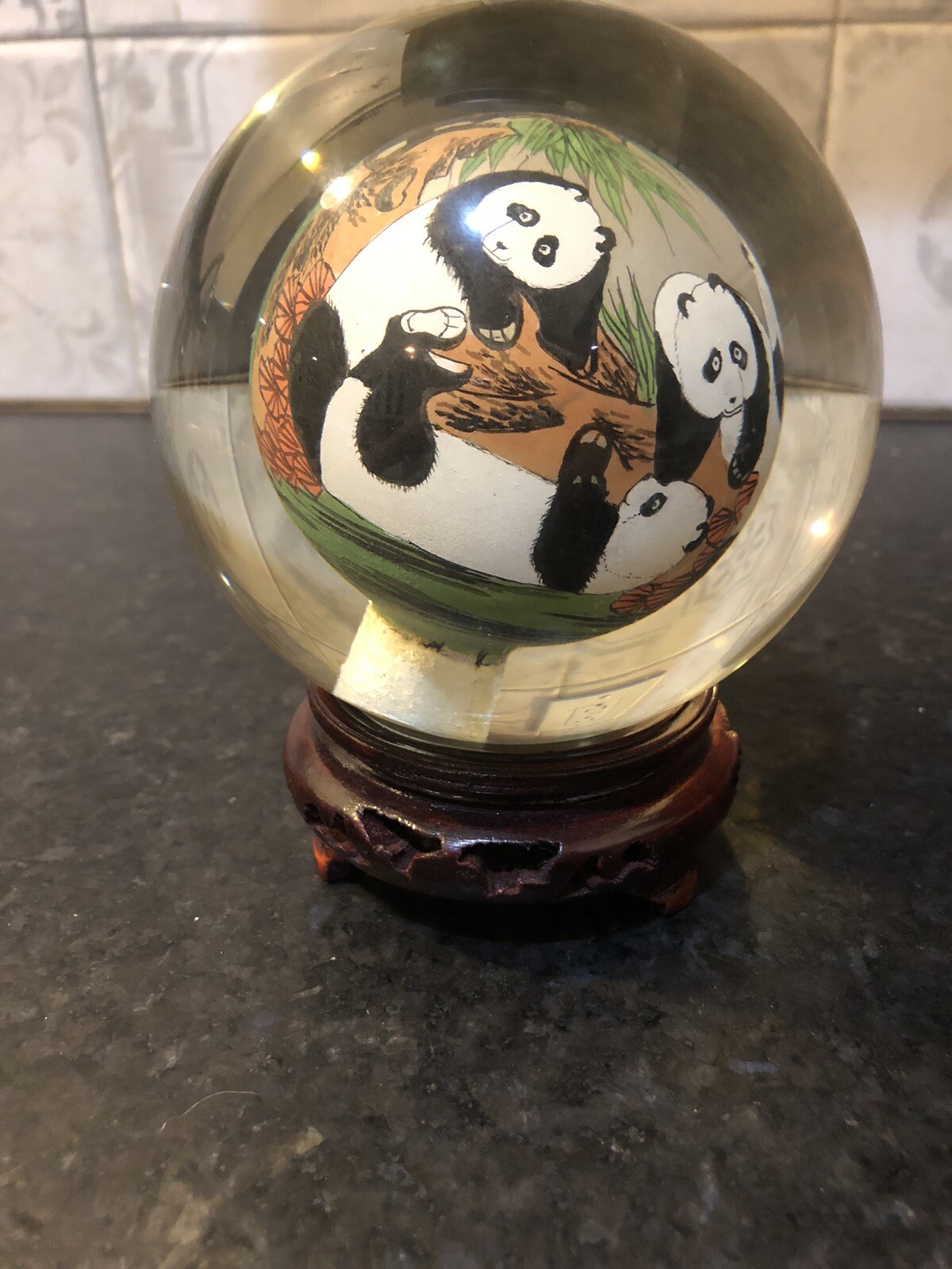 Chinese Glass Ball Sphere Reverse Hand Painted Pandas