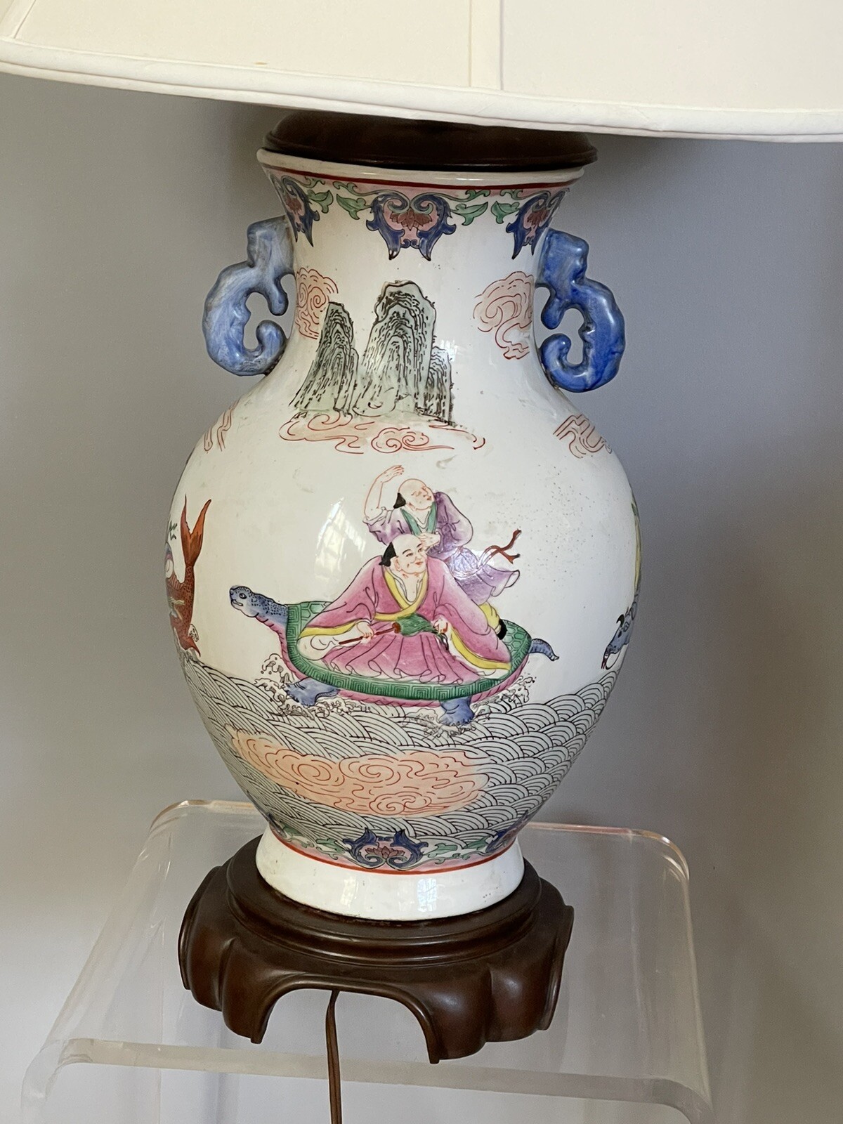 Large Vintage Chinese Porcelain Famille Rose Style Lamp Immortals Hand Painted