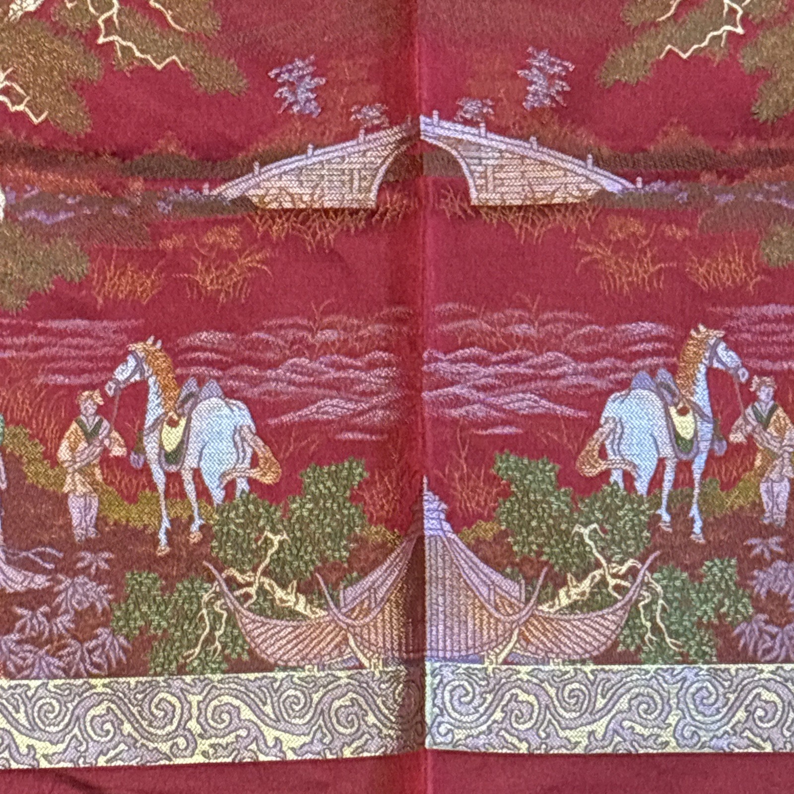 Vintage Chinese Silk Brocade Tablecloth fringe Tapestry Embroidery 38” x 37”