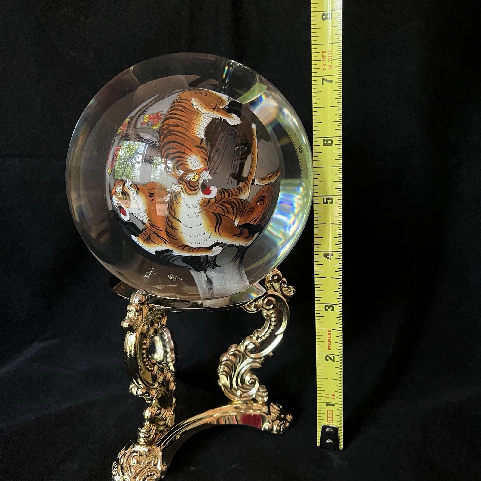 Chinese Glass Globe Five Tigers Inside Painted Reverse Art Lg 4.5in On Gold Base