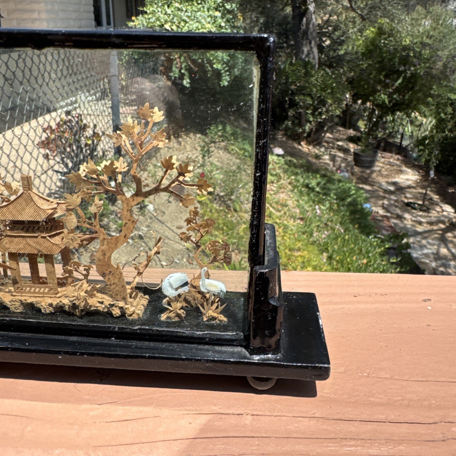 Vintage Chinese Hand Carved Cork Diorama with birds Framed Glass Wood 8” x 5”