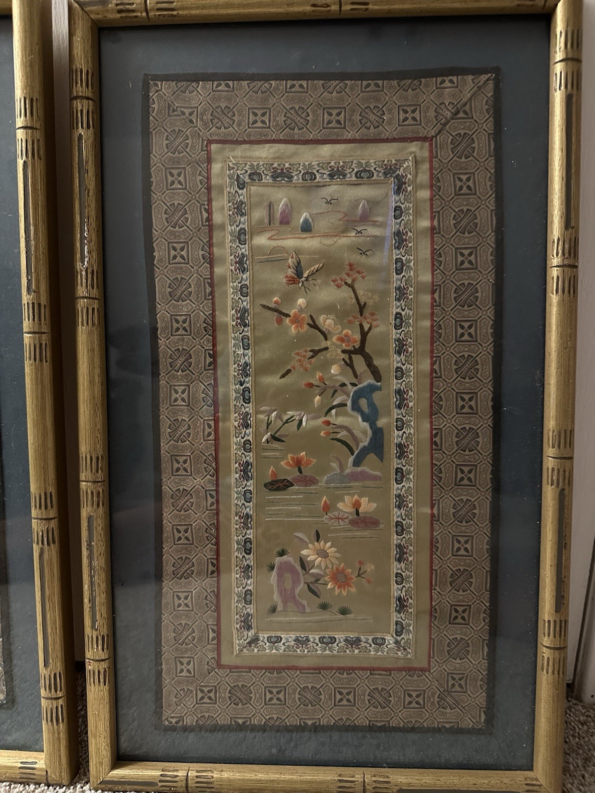 Chinese Silk Embroidery Panels Depicting Birds and Blossoms Set of 2