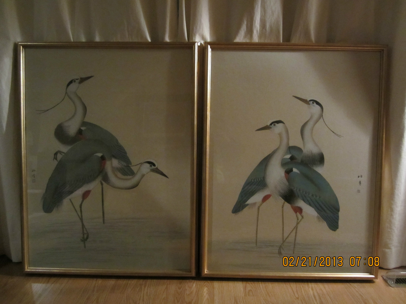 Large Asian Chinese Heron Crane Bird Art Pictures-Hand Painted Set Of 2-Stunning