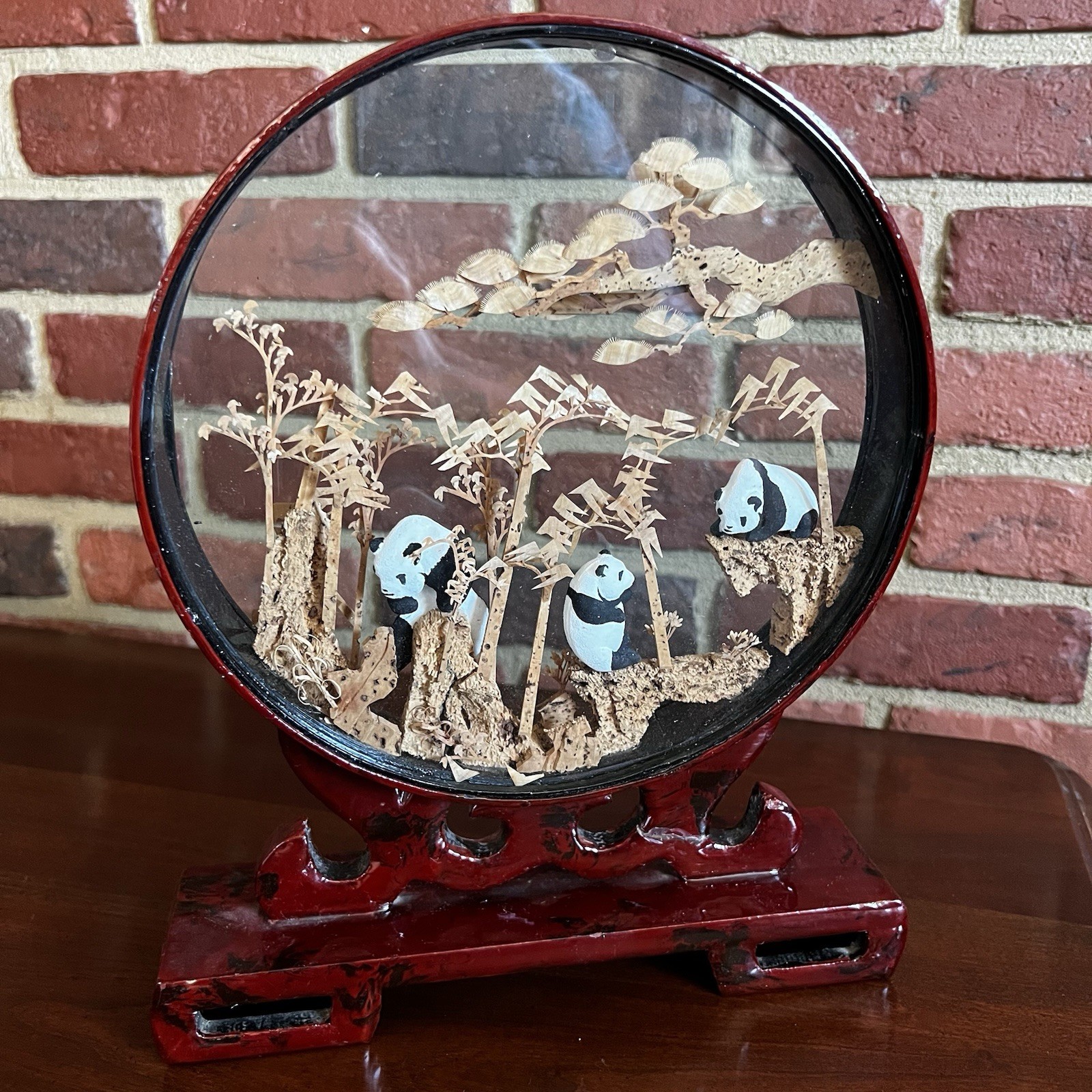 Vintage Carved Corkwood Diorama Pandas Chinese 12”x9.5” Frame Stand Panda Bears