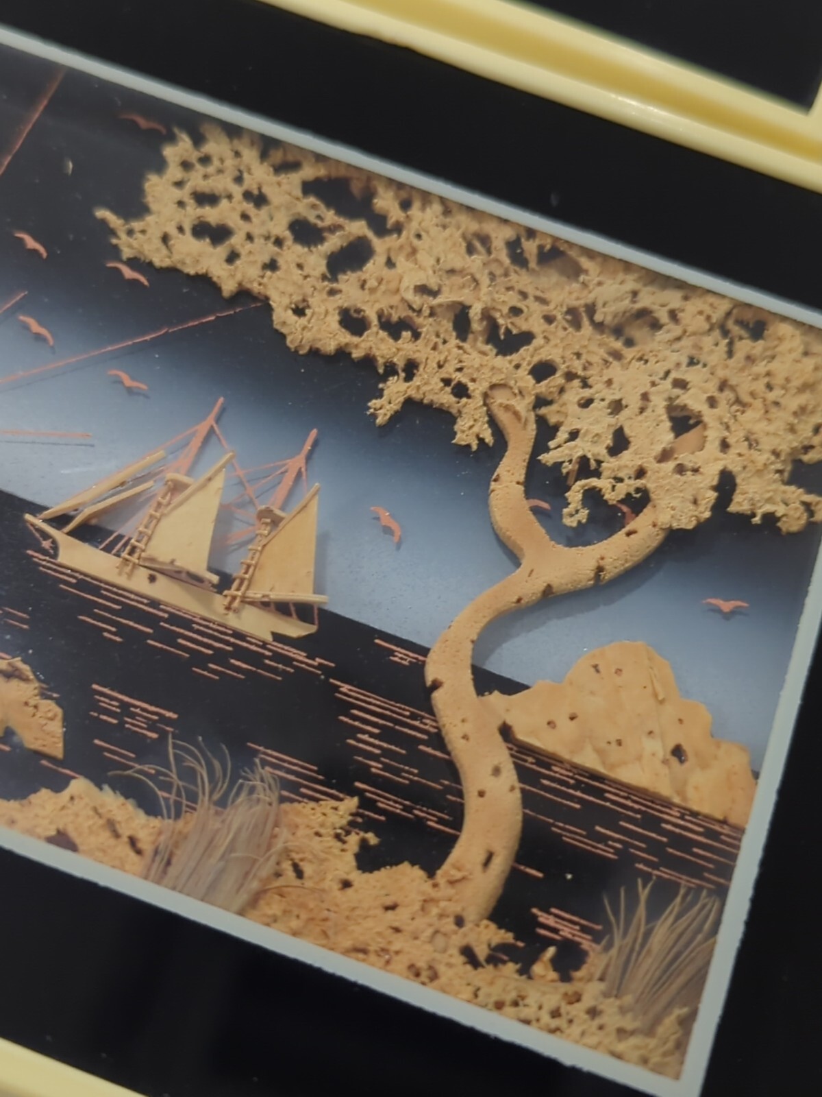 Set of 2 Stunning Vintage Carved Cork Seascape Ship 3D Shadow Box Diorama Framed
