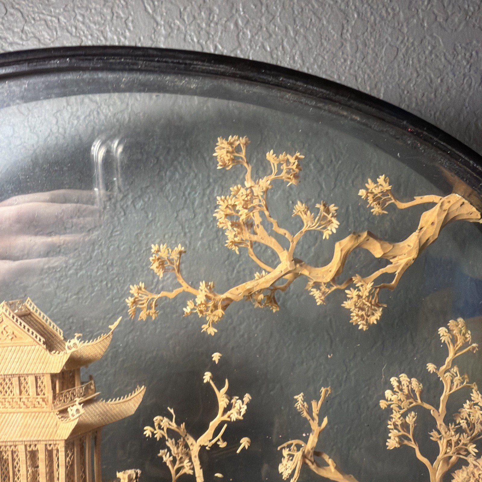 VTG Chinese Hand Carved Cork Diorama Shadow Box Asian Art Pagoda Cranes Trees