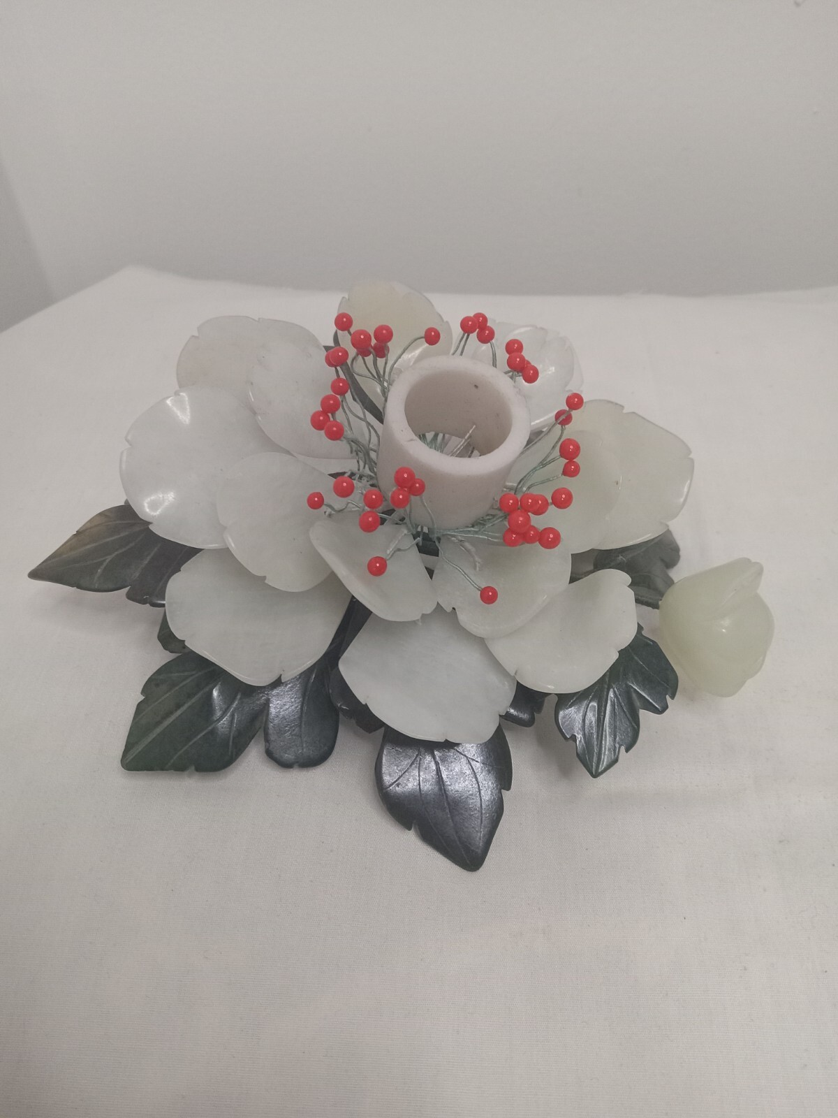 Vintage Carved Jade Carnelian Stone Lotud Flower Candle Holder Centrepiece China