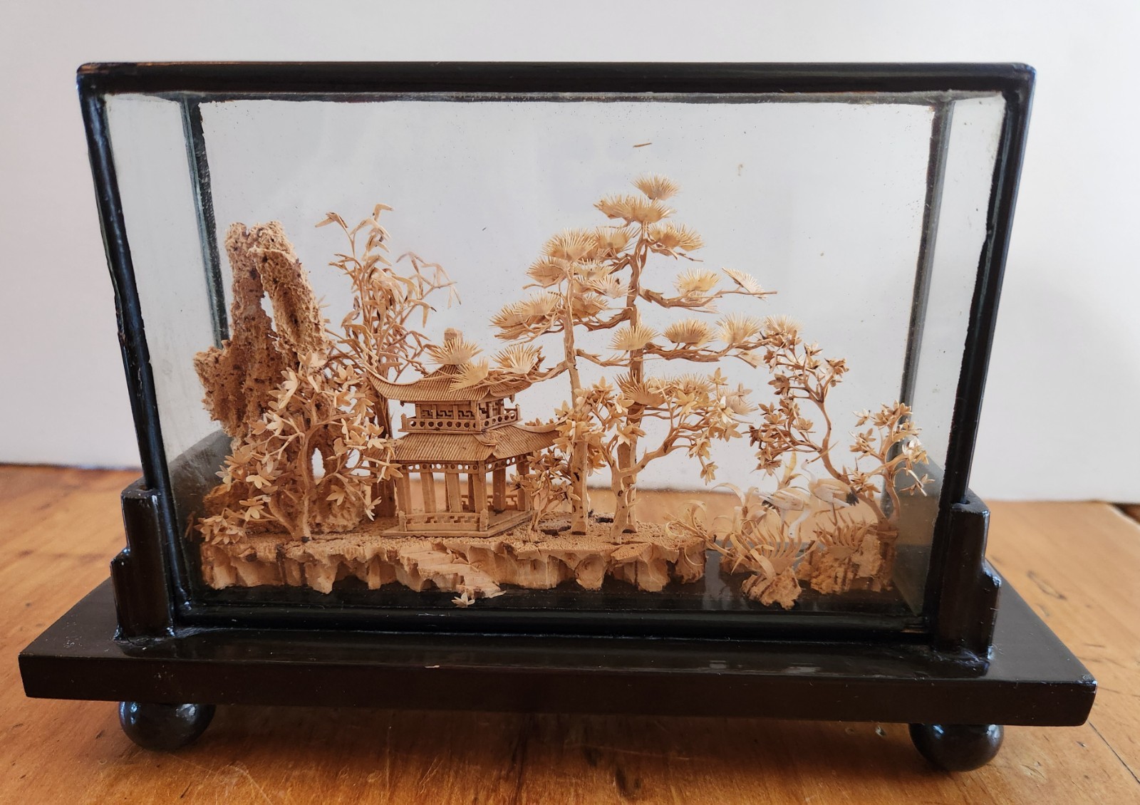 SALE $15.00-Vtg Chinese Cork Art Diorama, Traditional, Hand Carved 3D Glass Case