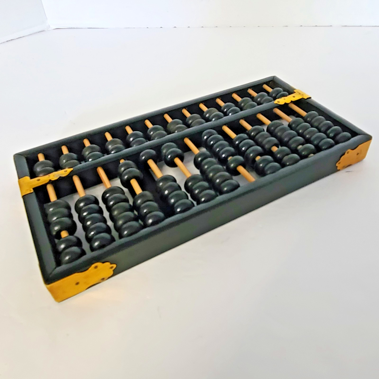 VTG Chinese Lotus Flower Abacus 13 Rod 91 Beads Black Painted Wood Brass Details
