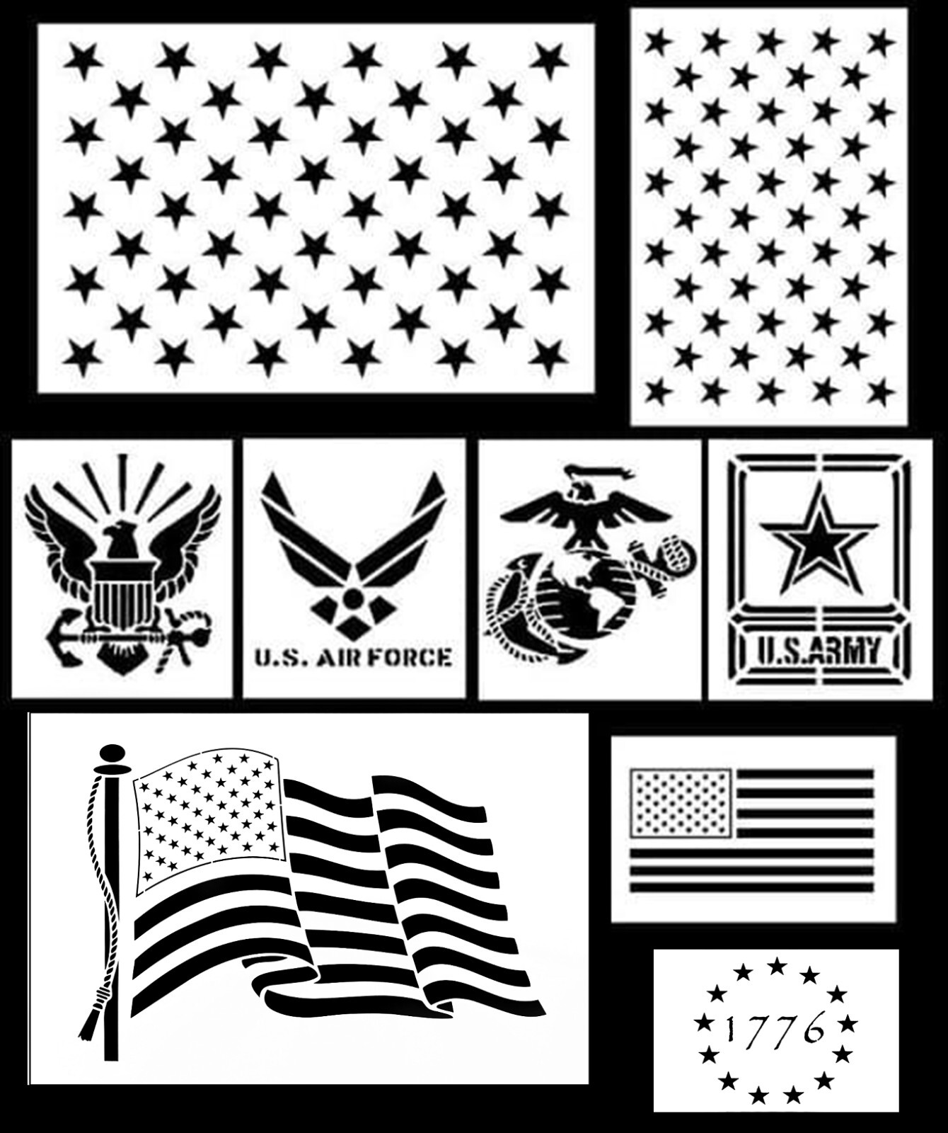9 PACK Mylar American Patriot Stencil Set Marines ArmyNavy Flags US Map 50 Stars