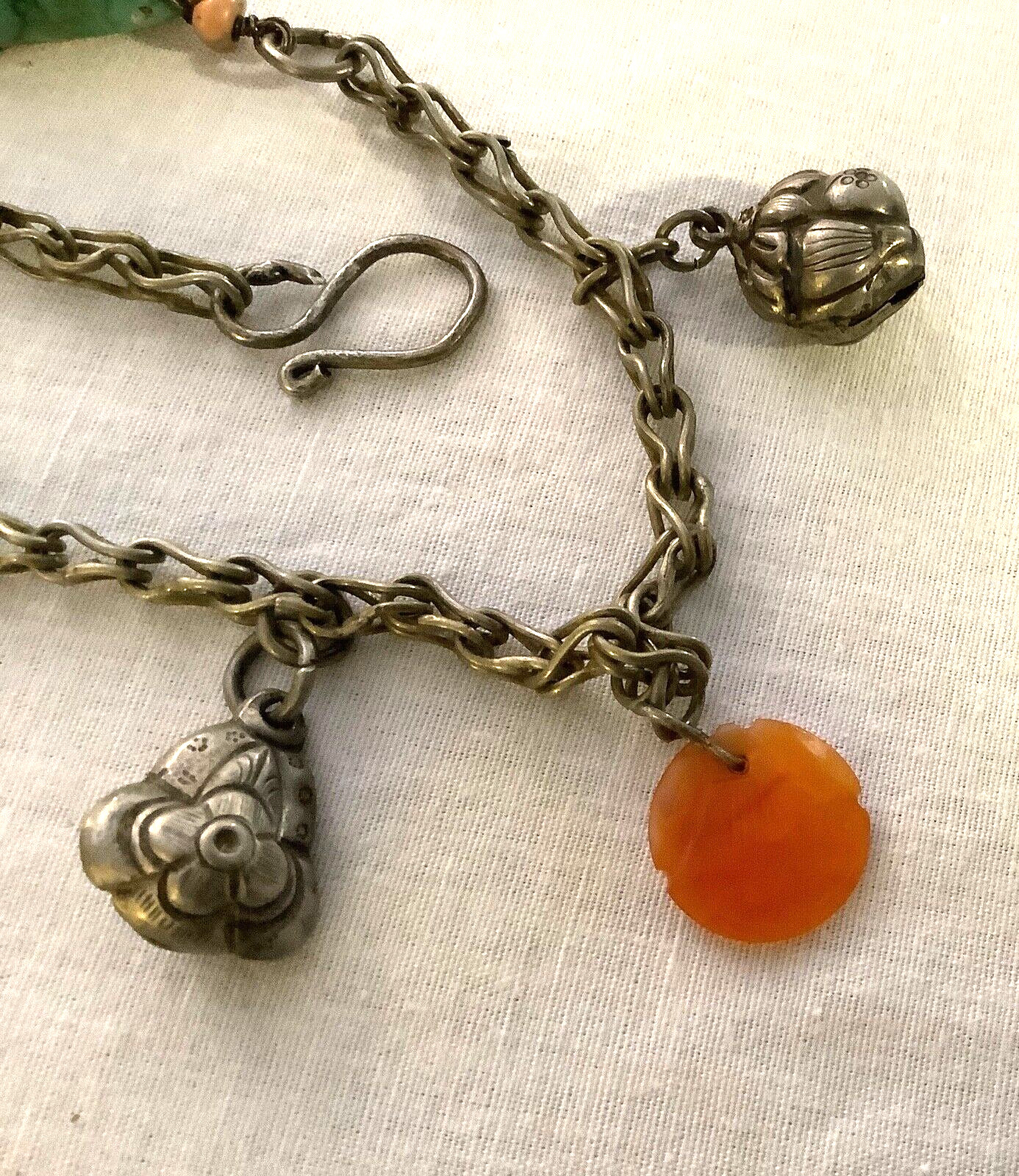QING DY Chinese Silver TOGGLE Chatelaine AMULET bell Charms TURQUOISE CARNELIAN