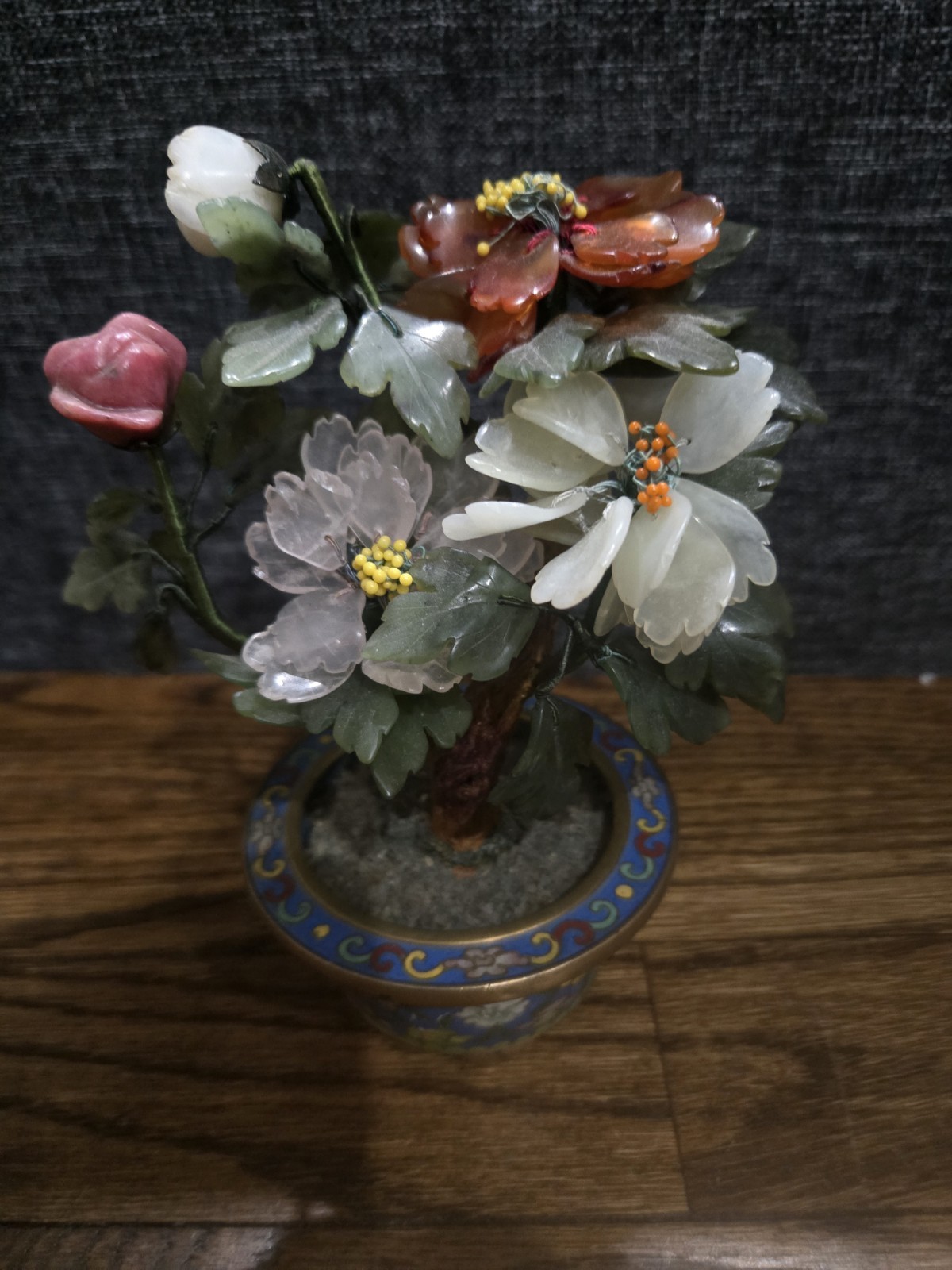 Antique Jade Amber Quartz Flowering Tree in Bronze Cloisonne Planter