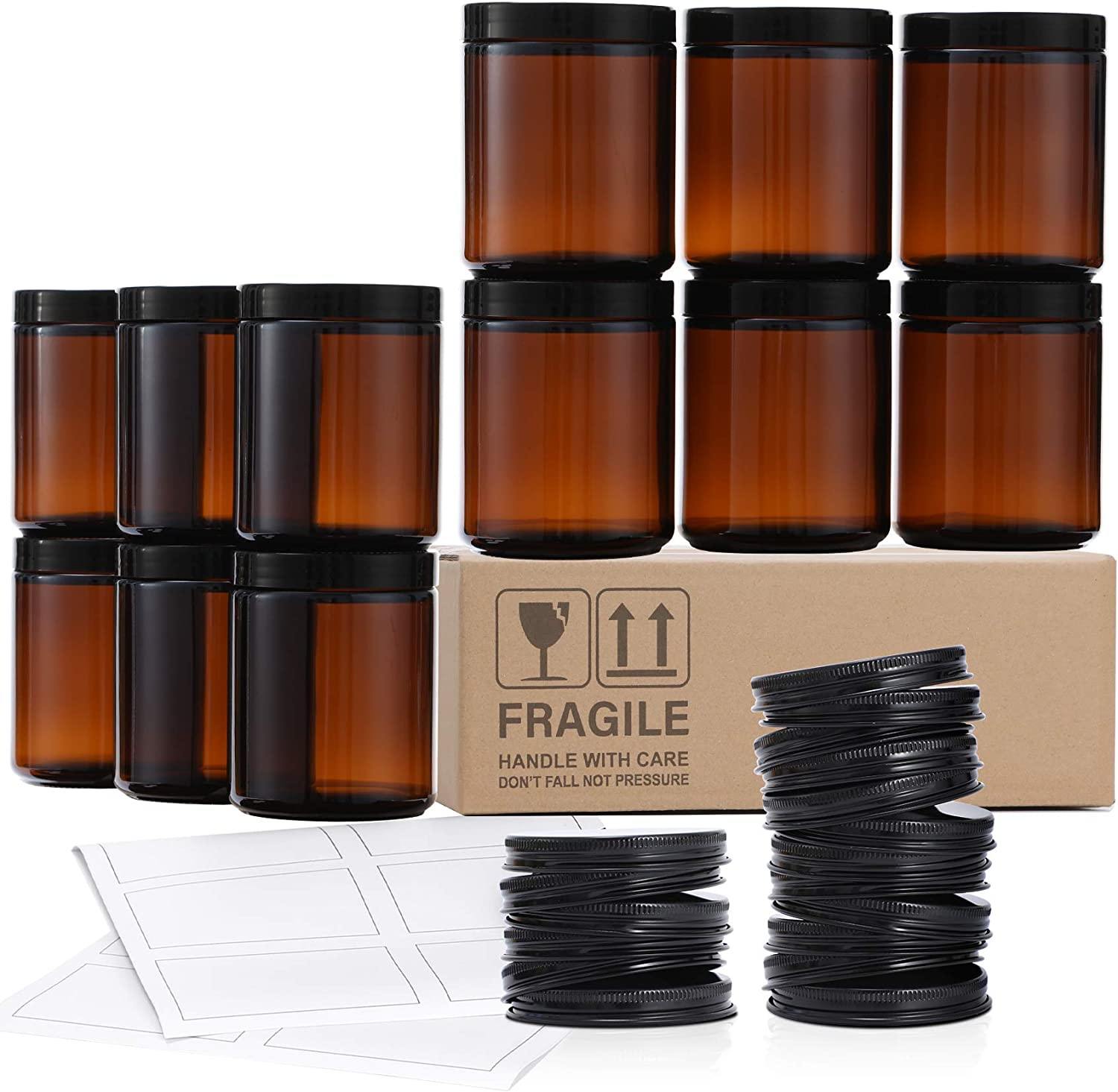 12 Pack, 8 OZ Dark Amber Candle Jars for Making Candle – Thick Glass Jars wit…