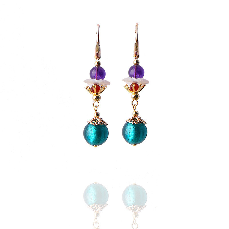 China Coloured Glaze/Purple Crystal/Shell Flower Tibetan Style Earbob Earrings