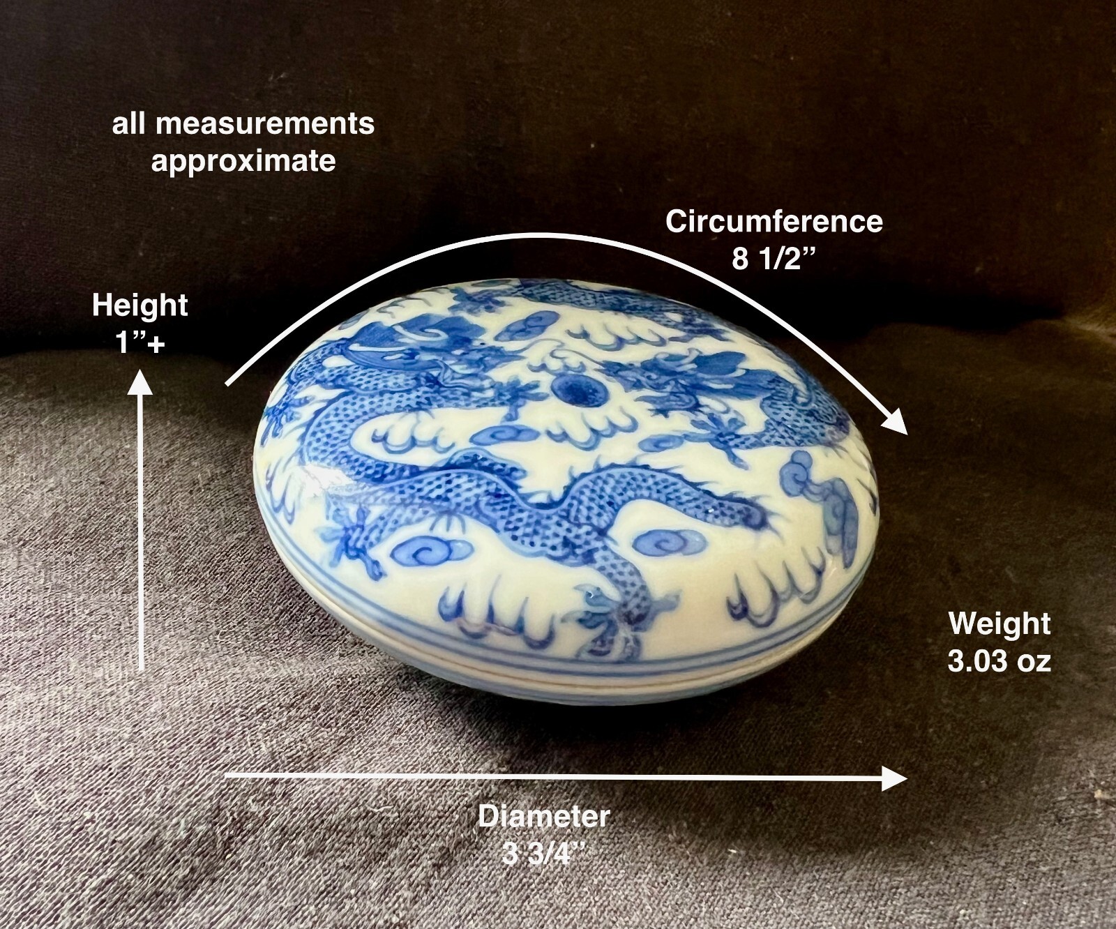 Chinese Blue & White Porcelain Seal Paste Box with Dragons & Pearl Qianlong Mark