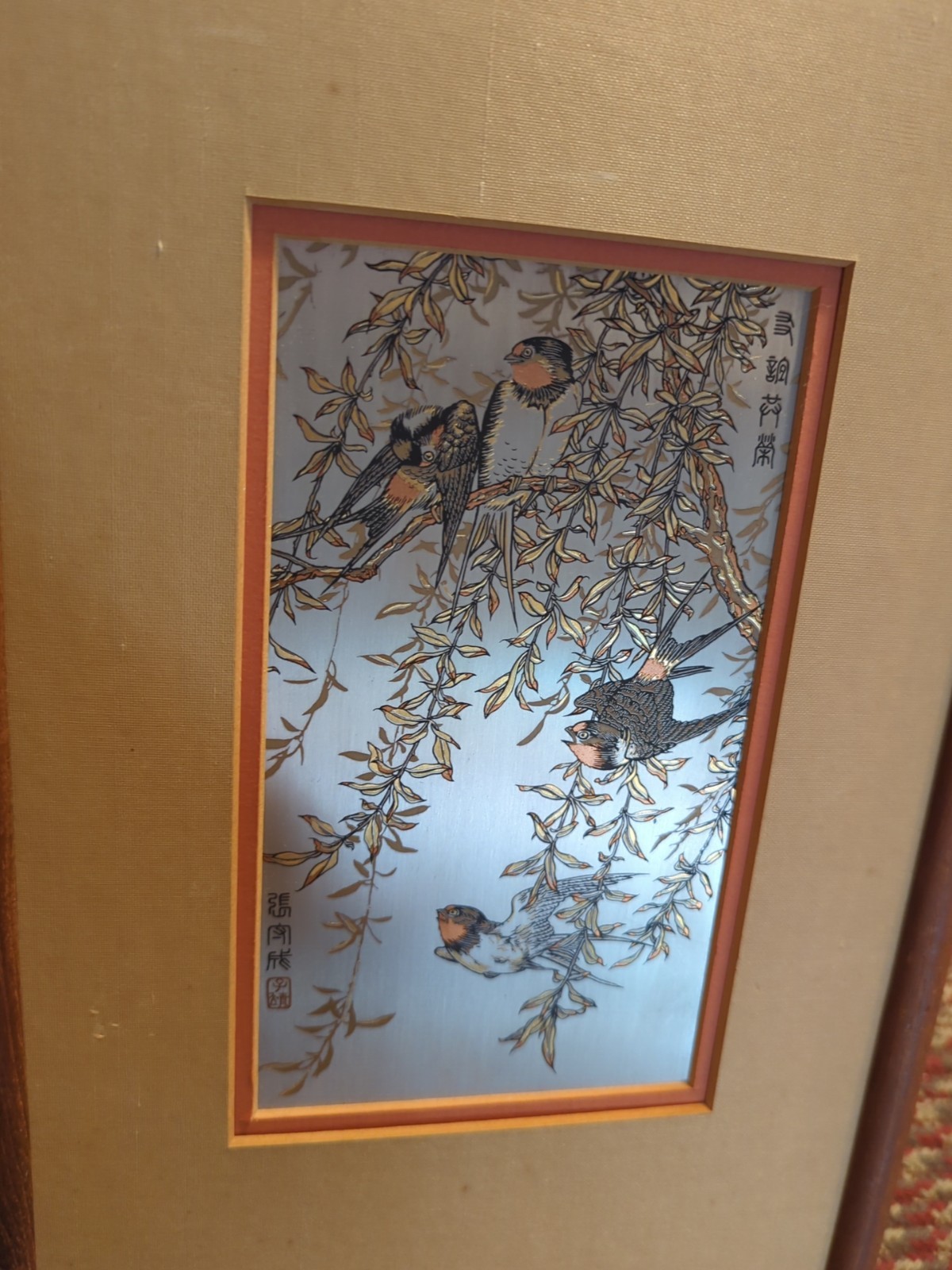 Vintage Chinese 24K / Copper Etching Swallows Springtime Willow Zhang Shou-Cheng