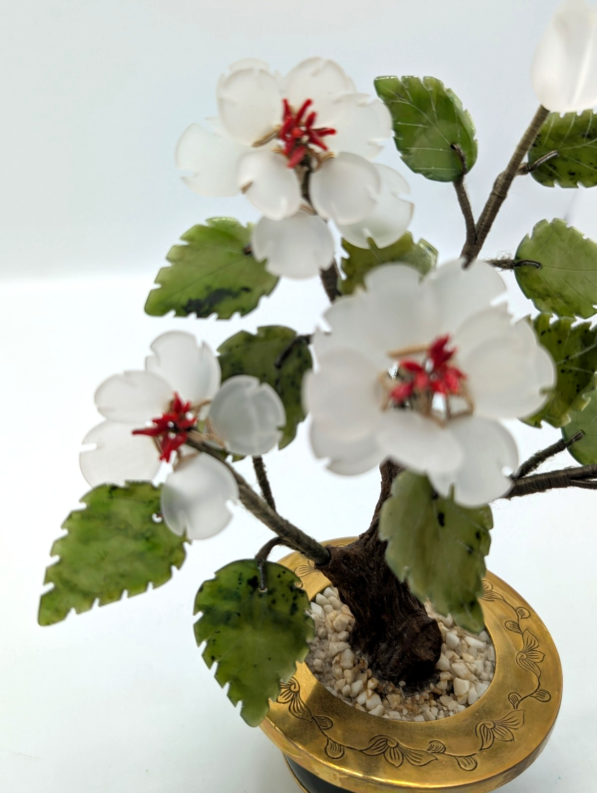 Bonsai Tree Sculpture 8 inch Semi Precious Stones Jade Brass Pot Hong Kong