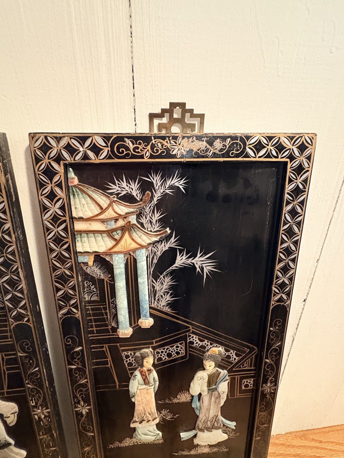 Pair Vintage Chinese Black Lacquer Applied Hardstone Court Figures, MOP Inlay