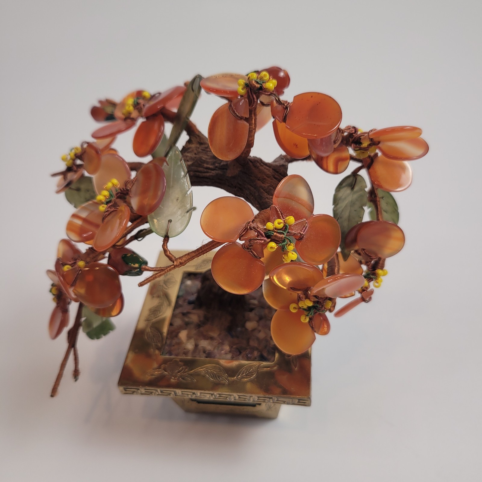 CHINESE HARDSTONE BONSAI TREE w/ CARNELIAN FLOWER/NEPHRITE INLAID JADE HONG KONG