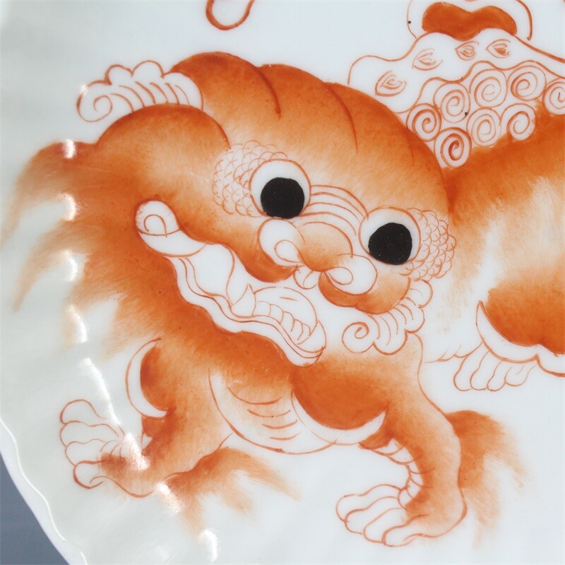 7″ Chinese Jing De Zhen Famille Rose Porcelain Red Glaze Foo Fu Dog Lion Plate