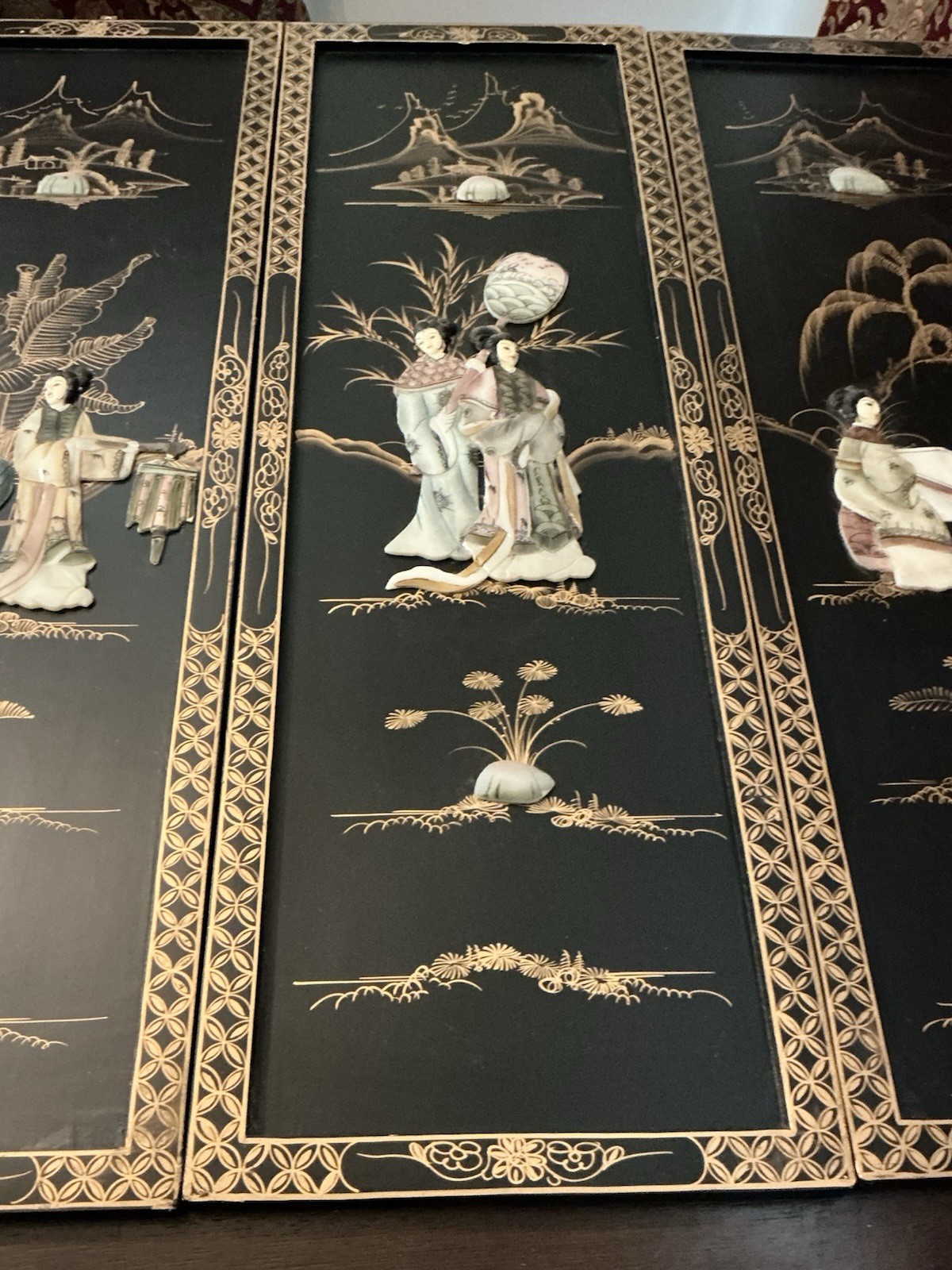 Lot Of 4 Chinese Wood Panel Wall Hanging, 12” By 36”, Used In Great Condition.