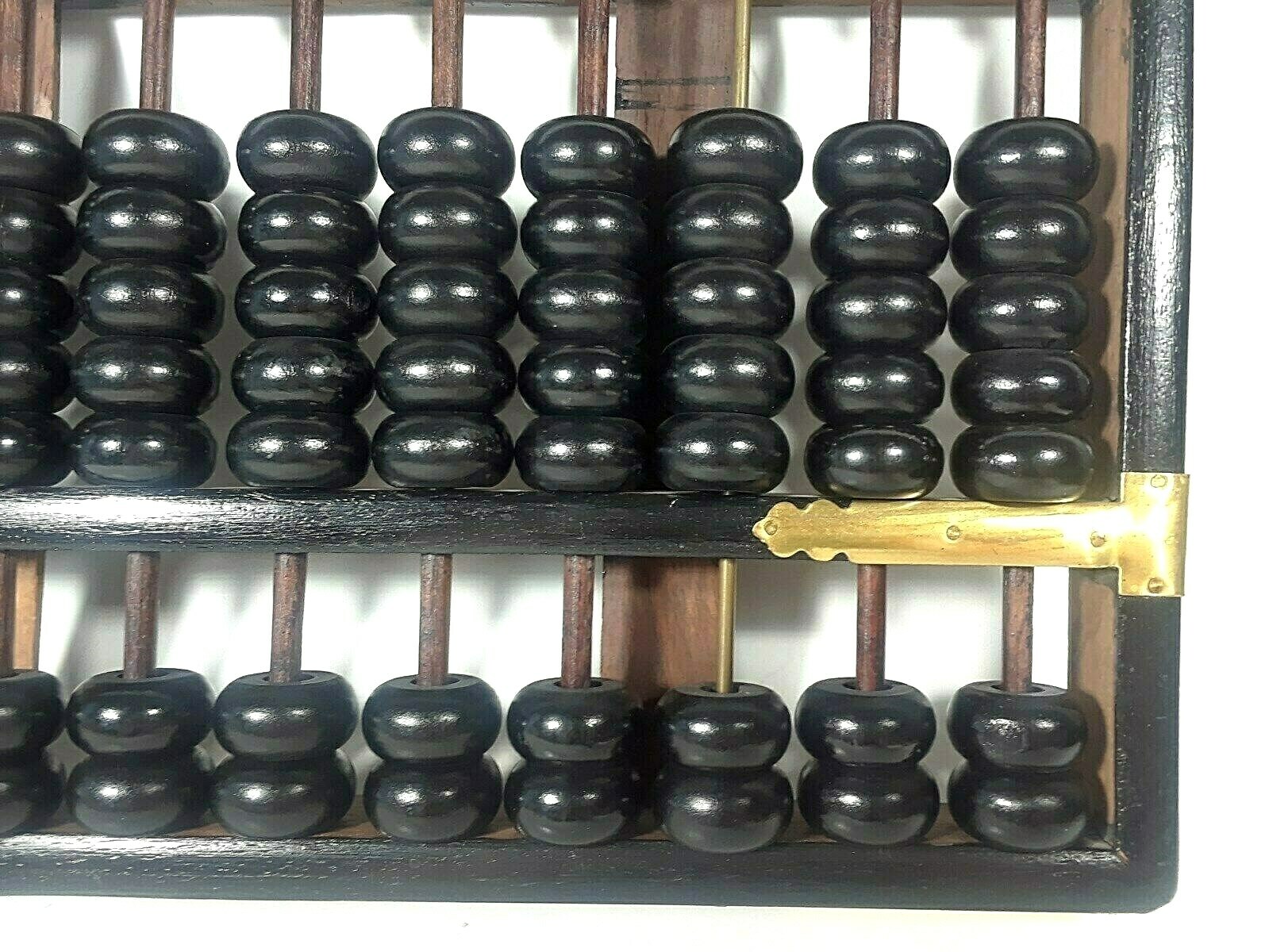 Vintage Abacus -11 RODS 77 BEADS Wood Black Painted Brass Accents Hong Kong