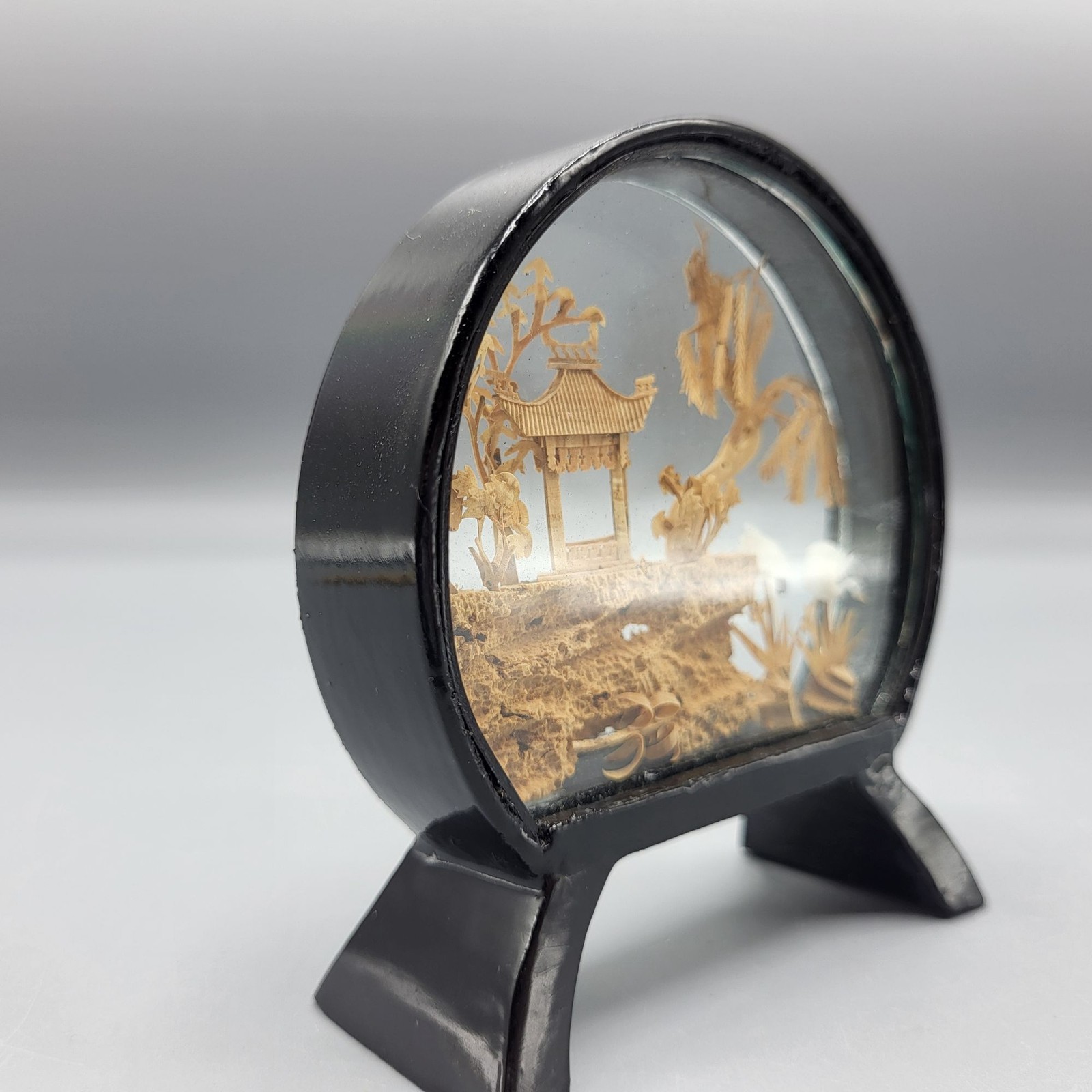 Vintage Chinese Landscape Cork Diorama Glass Dome Black Stand SMALL 3.5″ x 3.25″