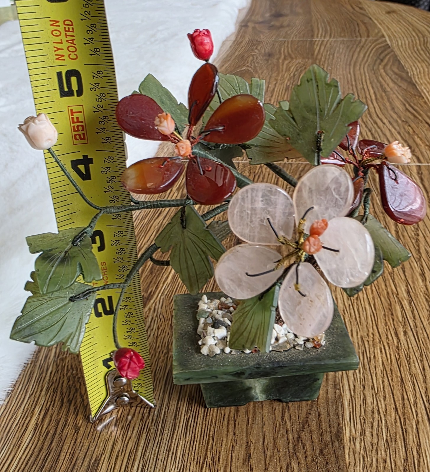 Small Hand Carved Chinese Jade & Semiprecious Stone Flower Bonsai Tree Figurine