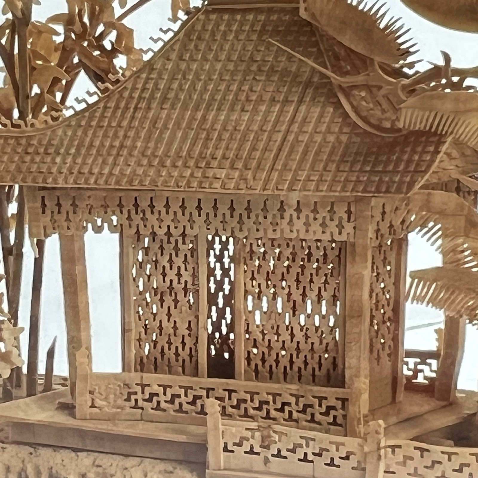 Vtg San Diorama Cork HandCarved W/ Pagoda Trees & Cranes In Glass Case 6X7”