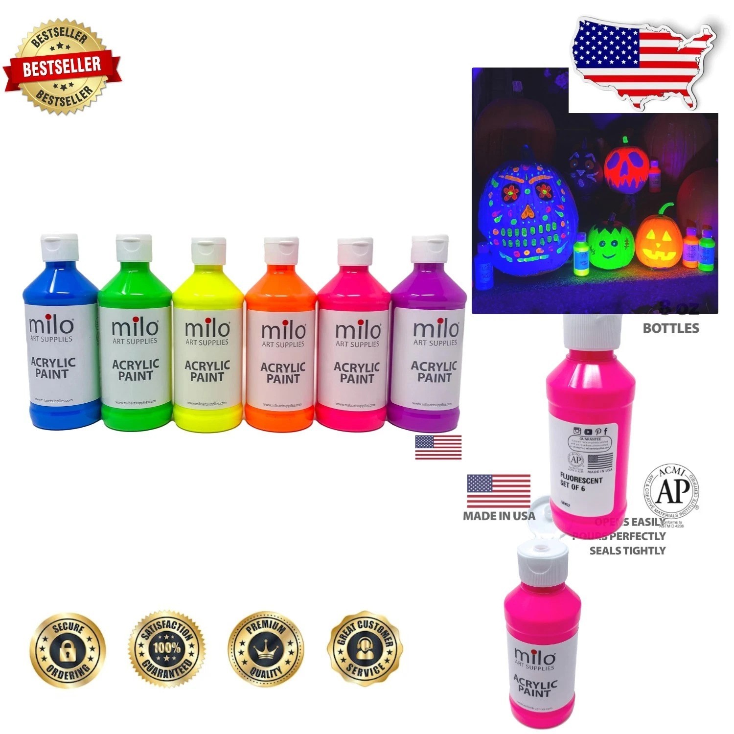 Fluorescent Acrylic Paint Set 6x8oz Neon Colors Glows UV Non-Toxic USA Made