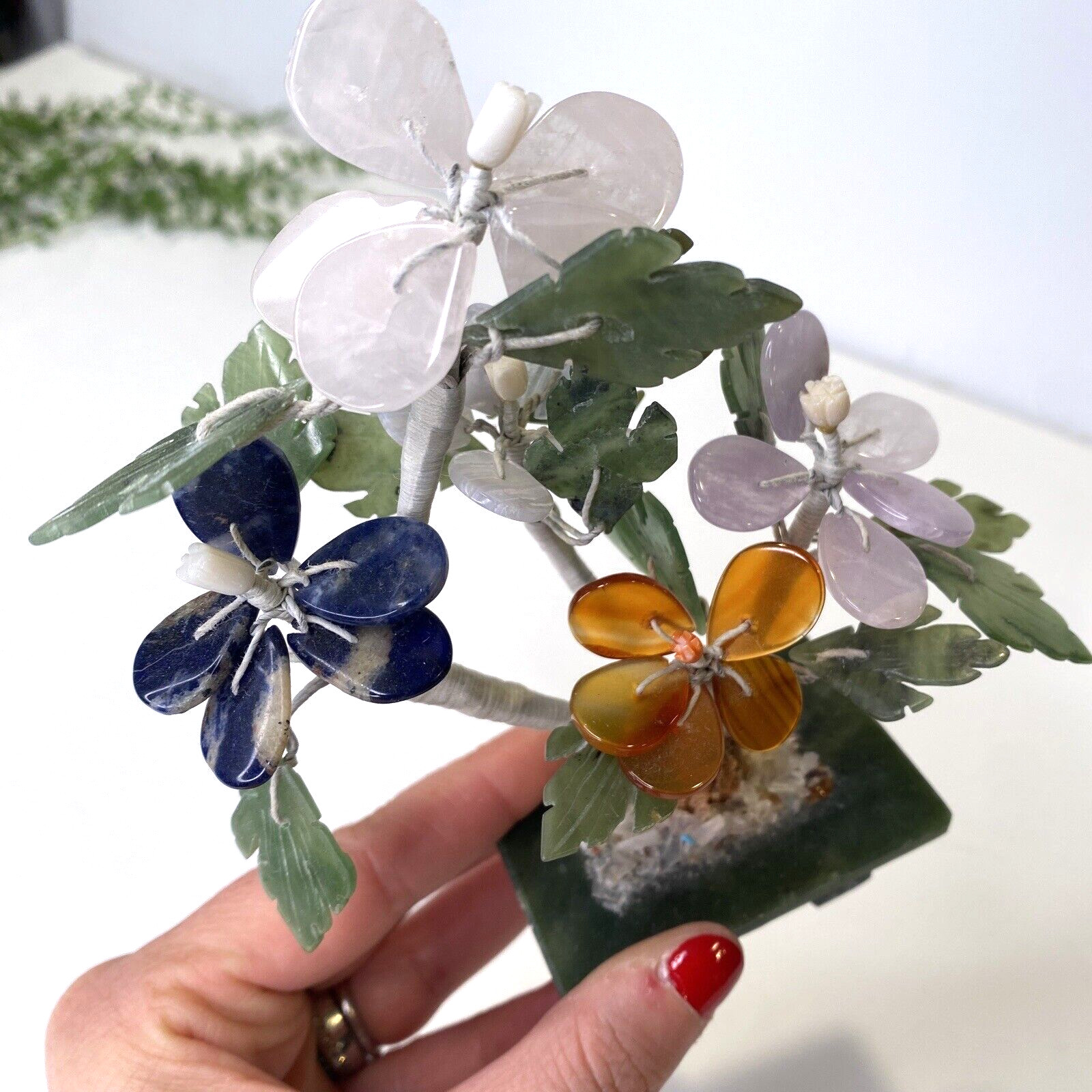 Vintage Bangkok Thailand Natural Polished Stone Flower Tree Jade Amber Blue