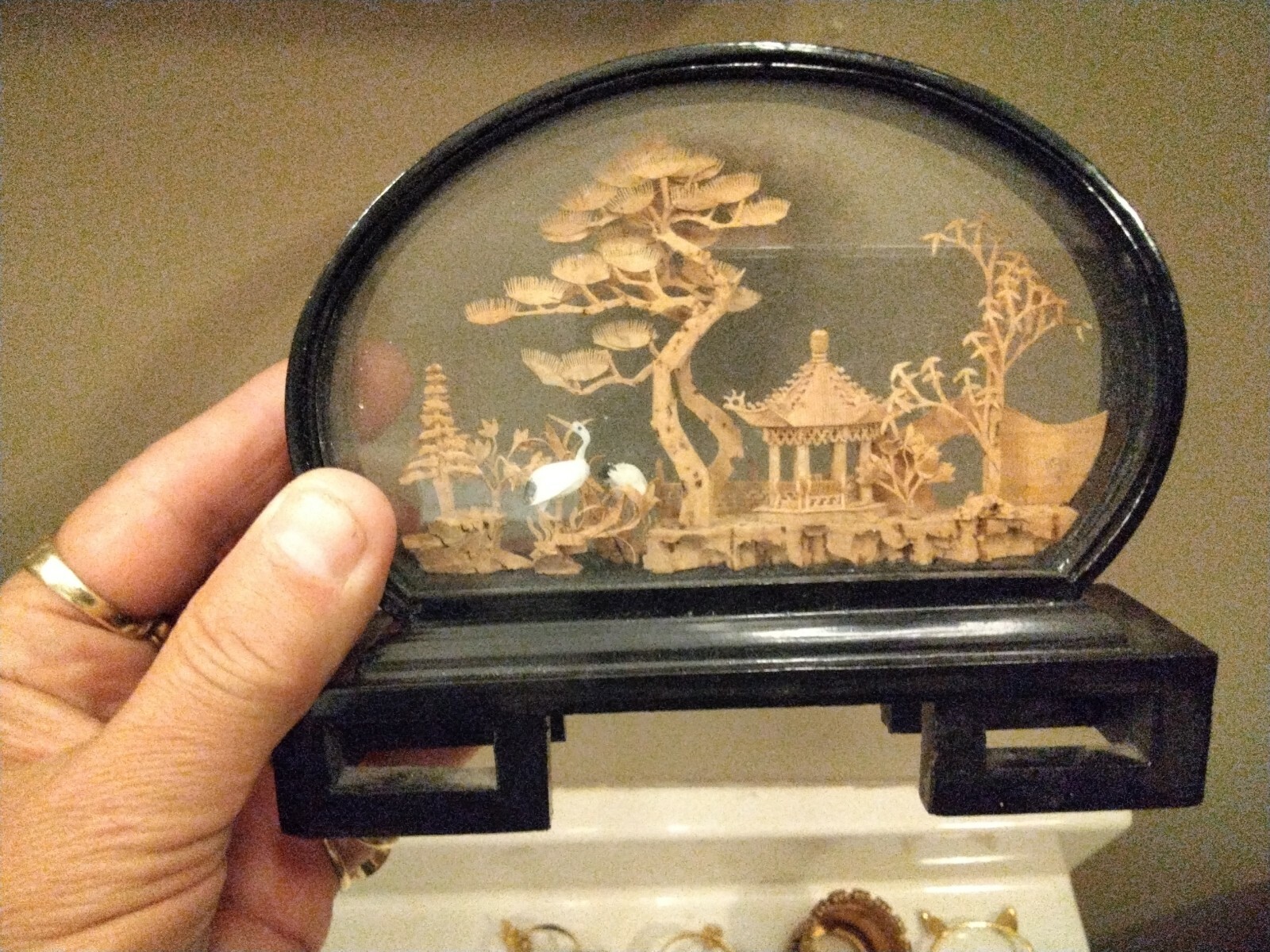 Chinese Lacquered Oval Hand Carved Cork Diorama, Pagoda Trees Cranes