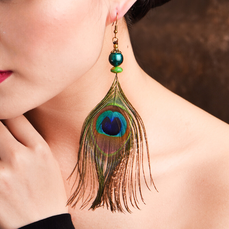 China Coloured Glaze Peacock Plume Tassels Tibetan Style Fashion Earbob Earrings
