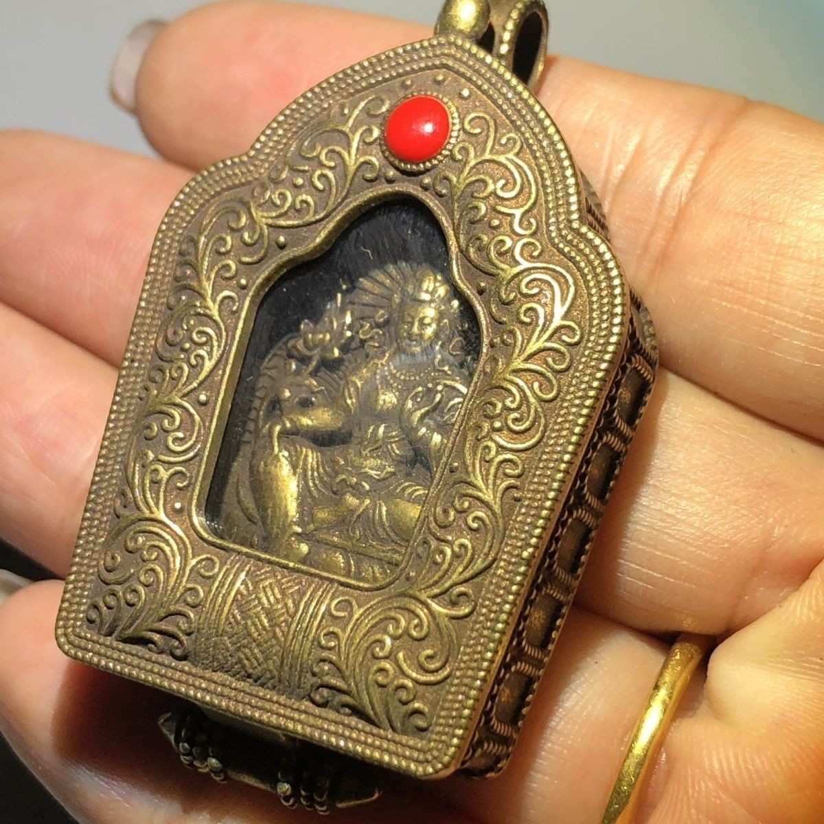 Vintage Tibetan Brass Gau Box Pendant Green Tara Amulet Random Design