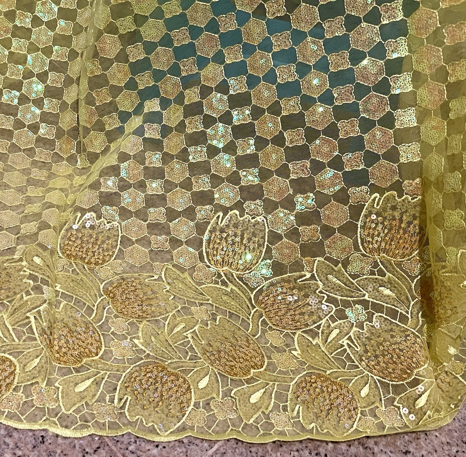 Yellow Iridescent Sequins Embroidered Lace Fabric 50” Width Sold By The Yard