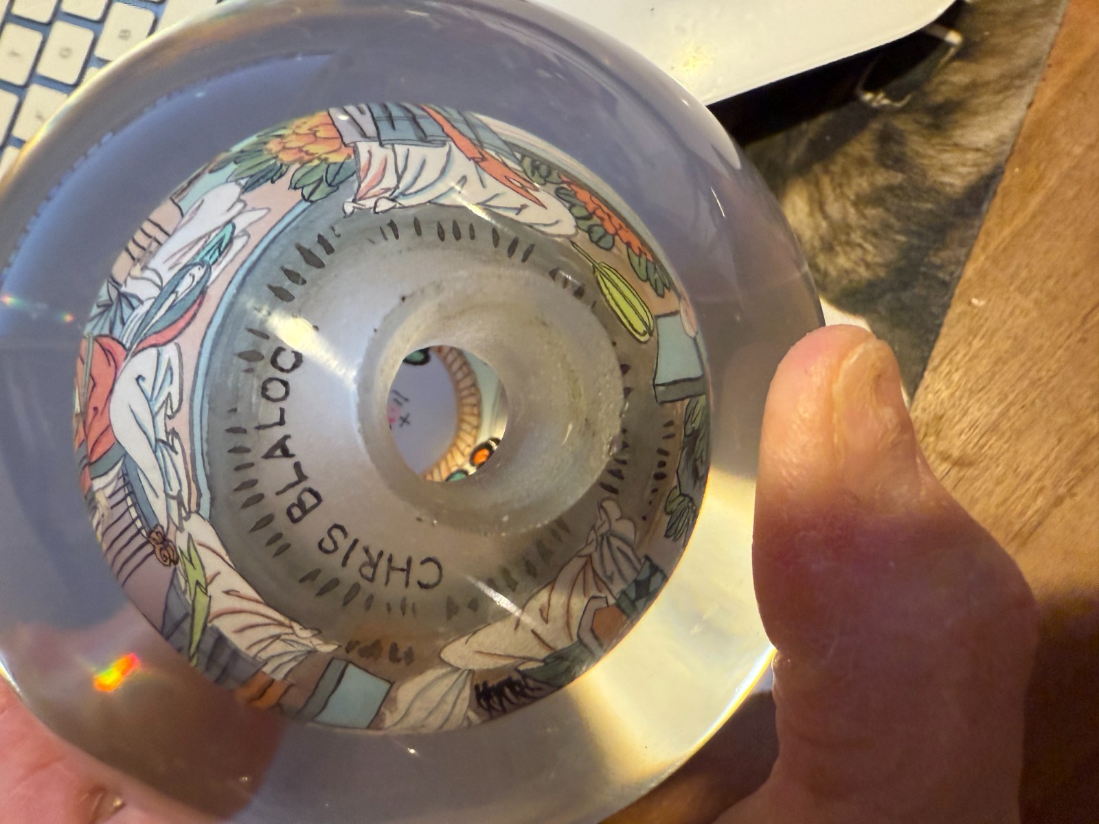 Vintage Chinese Hand Painted Reverse Art 4.5″ Glass Globe On Wooden Stand SIGNED