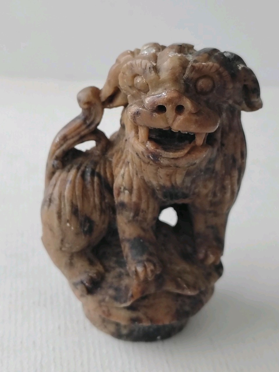 Vintage Chinese Hand Carved Soapstone Incense Burner Top Foo Dog 3″ Figurine