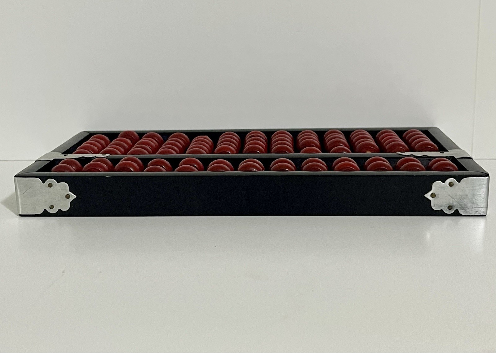 Vintage Abacus Black Lacquer Wood Frame Red Beads 91 Bead Burl Wood Rods!