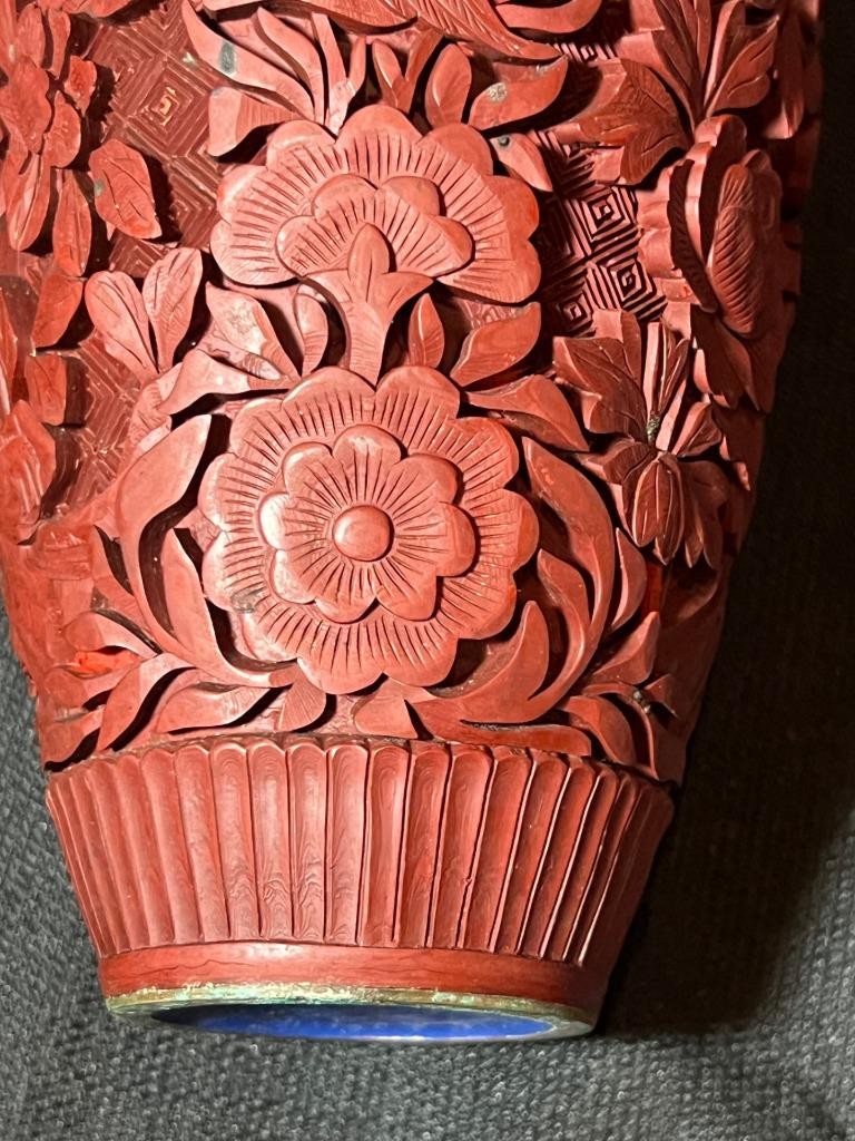 Old Chinese Antique Hand Carved Cinnabar Red Lacquer Vase Urn QING Blue Enamel