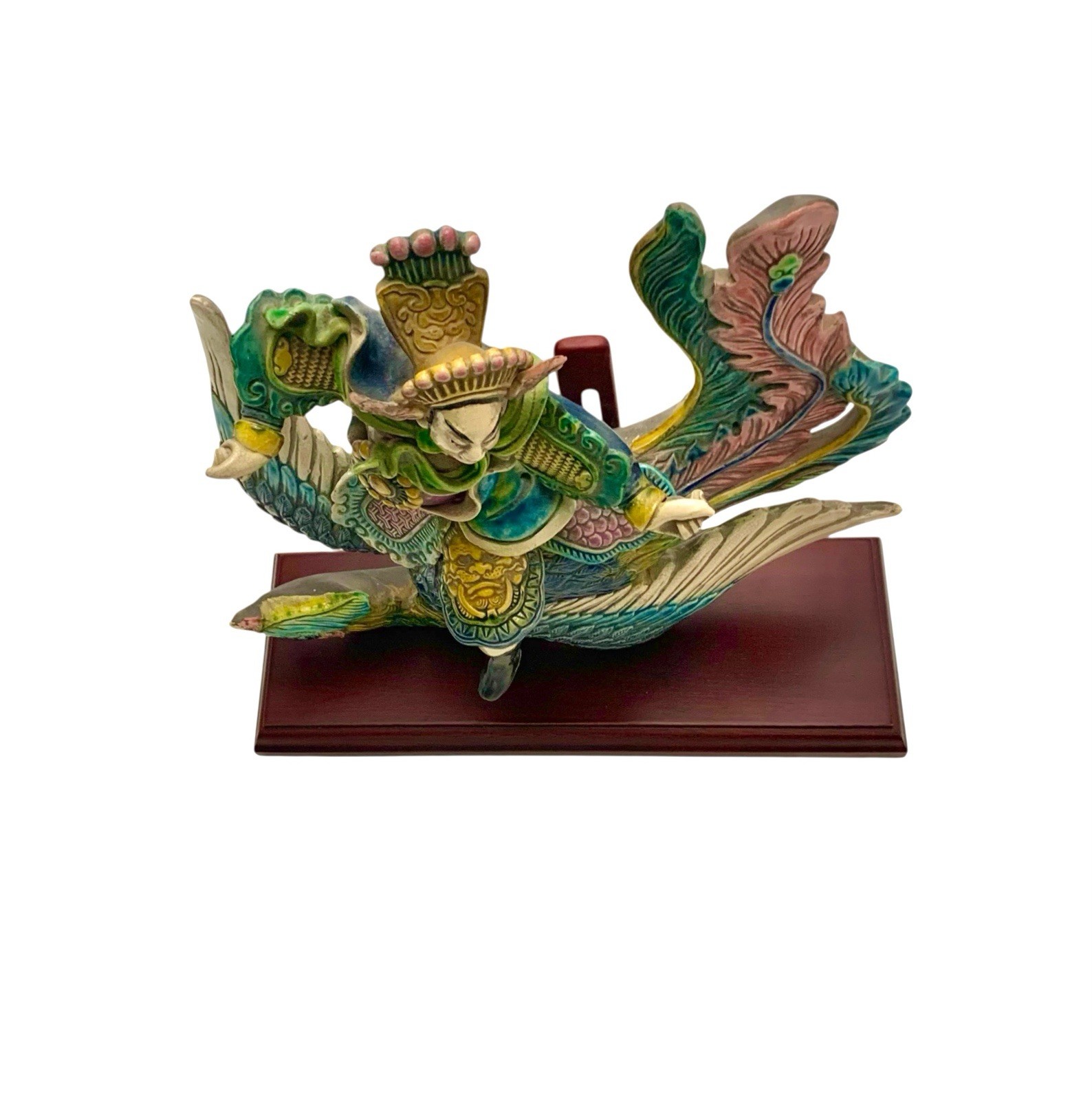Chinese Figure on Phoenix Bird Oriental Roof Tile on Stand Vintage Asian Decor