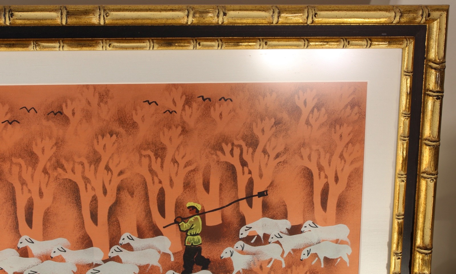Vintage Chinese Asian Mid Century Modern Print Signed Sheep Herder Gold Frame