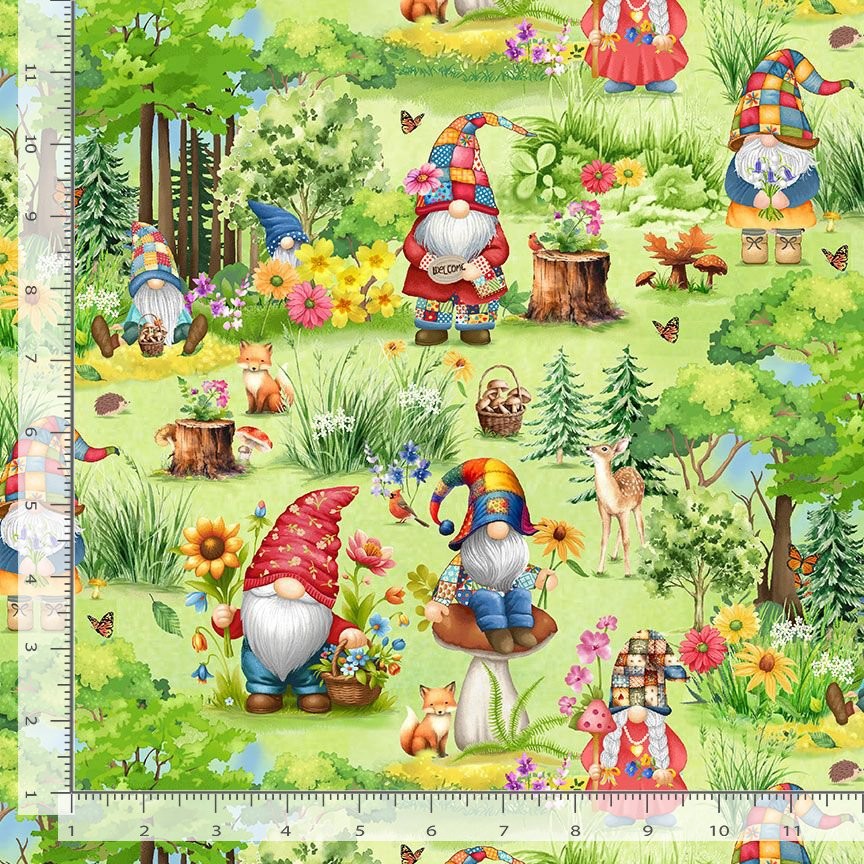 Gnome Fabric | Hippie Gnomes Garden Flower Green | Timeless Treasures YARD