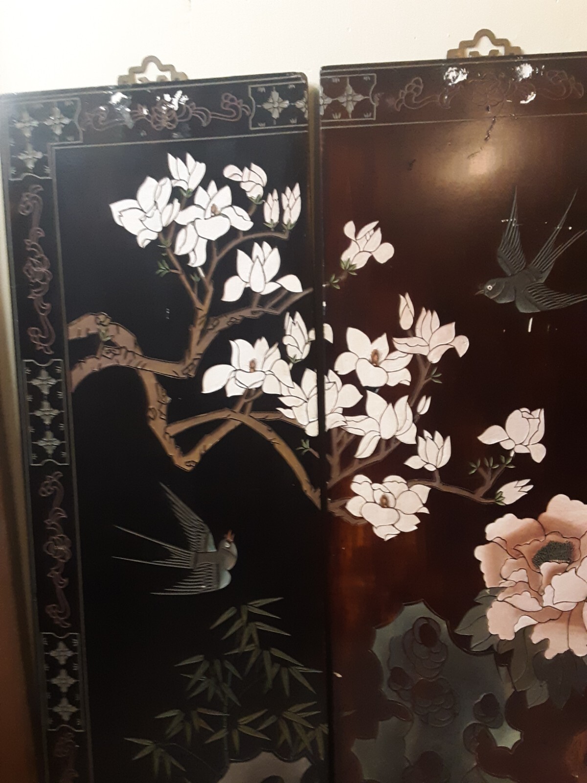 Vintage Black Lacquer Chinese Wall Decor- Large- Set 4-Birds, Flowers