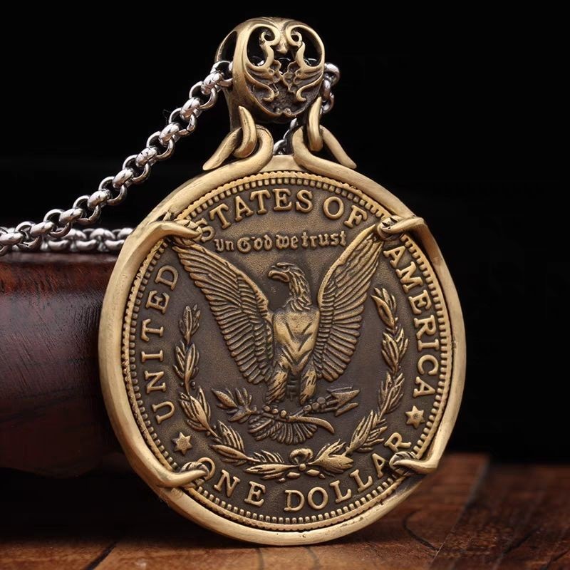 1921 Holy Grail Knight Coin Necklace Movable 机关 Antique Silver Plated Copper